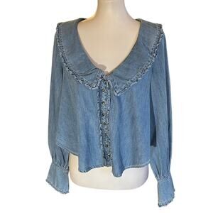 Free People Denim Ruffle Collar Coquette Top XS Blue Button Front